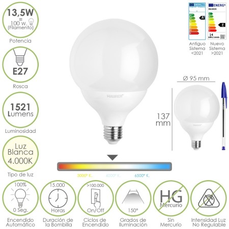 Bombilla Led Esfera Globo E27. 13,5 Watt. Equivale A 100 Watt. 1521 Lúmenes. Luz Neutra 4000º K.