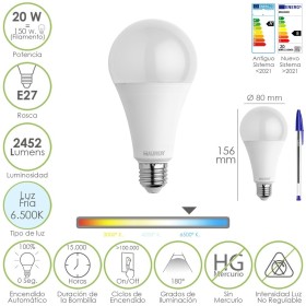 Bombilla Led Estándar Rosca E27. 20 Watt. Equivale A 150 Watt. 2452 Lúmenes. Luz Fría (6500º K.)