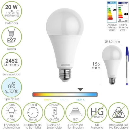 Bombilla Led Estándar Rosca E27. 20 Watt. Equivale A 150 Watt. 2452 Lúmenes. Luz Fría (6500º K.)