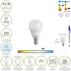 Bombilla Led Esférica Rosca E14 4.5 Watt. Equivale A 35 Watt. 470 Lúmenes. Luz Fría (6500º K)