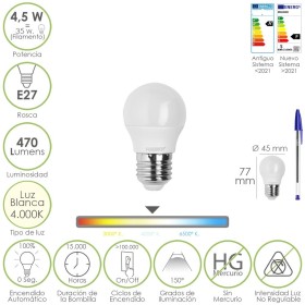 Bombilla Led Esférica Rosca E27 4.5 Watt. Equivale A 55 Watt. 470 Lúmenes. Luz Neutra (4000º K)
