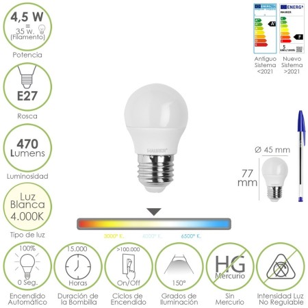 Bombilla Led Esférica Rosca E27 4.5 Watt. Equivale A 55 Watt. 470 Lúmenes. Luz Neutra (4000º K)
