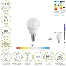 Bombilla Led Esfera Rosca E14. 6.5 Watt. Equivale A 50 Watt. 806 Lúmenes. Luz Neutra 4000º K.
