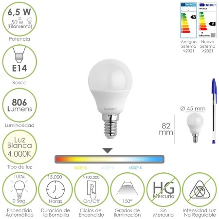 Bombilla Led Esfera Rosca E14. 6.5 Watt. Equivale A 50 Watt. 806 Lúmenes. Luz Neutra 4000º K.