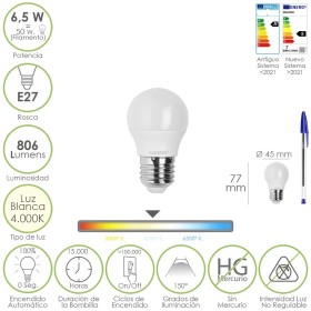 Bombilla Led Esfera Rosca E27. 6.5 Watt. Equivale A 50 Watt. 806 Lúmenes. Luz Neutra 4000º K.