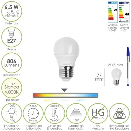 Bombilla Led Esfera Rosca E27. 6.5 Watt. Equivale A 50 Watt. 806 Lúmenes. Luz Neutra 4000º K.