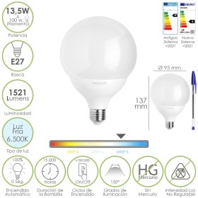 Bombilla Led Esfera Globo E27. 13,5 Watt. Equivale A 100 Watt. 1521 Lúmenes. Luz Fría 6500º K.