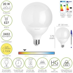 Bombilla Led Globo E27. 20 Watt. Equivale A 150 Watt. 2452 Lúmenes. Luz Cálida 2700º K.
