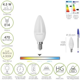 Bombilla Led Vela Rosca E14. 4,5 Watt. Equivale A 35 Watt. 470 Lúmenes. Luz Neutra (4000º K.)