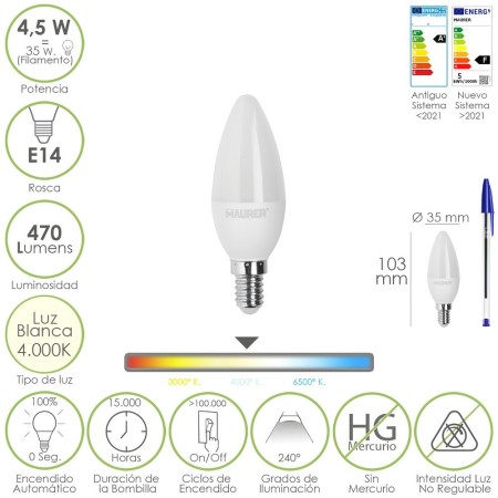Bombilla Led Vela Rosca E14. 4,5 Watt. Equivale A 35 Watt. 470 Lúmenes. Luz Neutra (4000º K.)