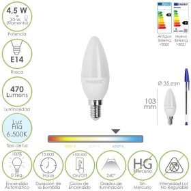 Bombilla Led Vela Rosca E14. 4,5 Watt. Equivale A 35 Watt. 470 Lúmenes. Luz Fría (6500º K.)