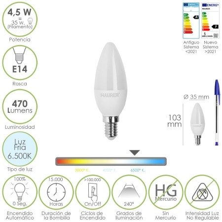 Bombilla Led Vela Rosca E14. 4,5 Watt. Equivale A 35 Watt. 470 Lúmenes. Luz Fría (6500º K.)