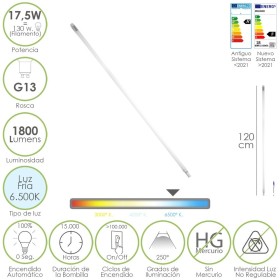 Tubo Led T8 120 cm.17,5 Watt. Equivale A 130 Watt. 1800 Lúmenes. Luz Fría 6500º K.
