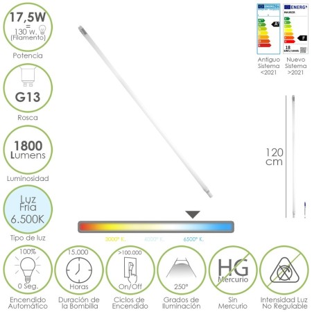 Tubo Led T8 120 cm.17,5 Watt. Equivale A 130 Watt. 1800 Lúmenes. Luz Fría 6500º K.