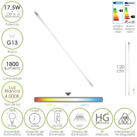 Tubo Led T8 120 cm.17,5 Watt. Equivale A 130 Watt. 1800 Lúmenes. Luz Neutra 4000º K.