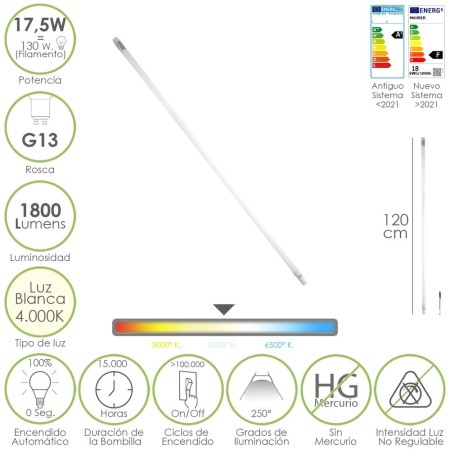 Tubo Led T8 120 cm.17,5 Watt. Equivale A 130 Watt. 1800 Lúmenes. Luz Neutra 4000º K.