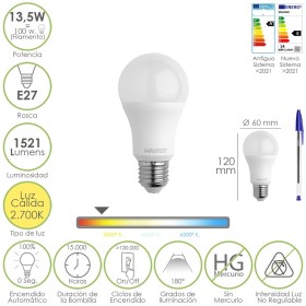 Bombilla Led Estándar Rosca E27. 13,5 Watt. Equivale A 100 Watt. 1521 Lúmenes. Luz Cálida (3000º K.)