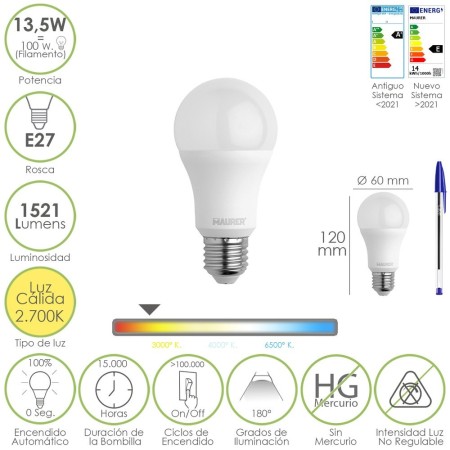 Bombilla Led Estándar Rosca E27. 13,5 Watt. Equivale A 100 Watt. 1521 Lúmenes. Luz Cálida (3000º K.)