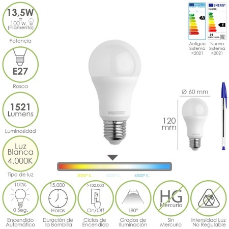 Bombilla Led Estándar Rosca E27. 13,5 Watt. Equivale A 100 Watt. 1521 Lúmenes. Luz Neutra (4000º K.)