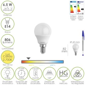 Bombilla Led Esfera Rosca E14. 6.5 Watt. Equivale A 50 Watt. 806 Lúmenes. Luz Cálida 2700º K.