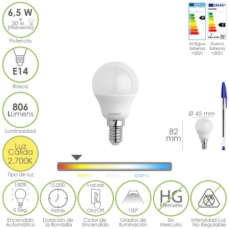 Bombilla Led Esfera Rosca E14. 6.5 Watt. Equivale A 50 Watt. 806 Lúmenes. Luz Cálida 2700º K.