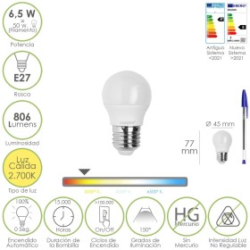 Bombilla Led Esfera Rosca E27. 6.5 Watt. Equivale A 50 Watt. 806 Lúmenes. Luz Cálida 3000º K.