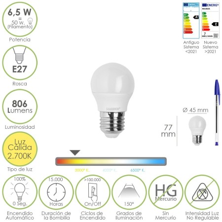 Bombilla Led Esfera Rosca E27. 6.5 Watt. Equivale A 50 Watt. 806 Lúmenes. Luz Cálida 3000º K.