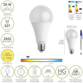 Bombilla Led Estándar Rosca E27. 20 Watt. Equivale A 150 Watt. 2452 Lúmenes. Luz Cálida (3000º K.)