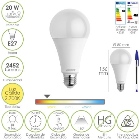 Bombilla Led Estándar Rosca E27. 20 Watt. Equivale A 150 Watt. 2452 Lúmenes. Luz Cálida (3000º K.)