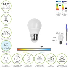 Bombilla Led Esférica Rosca E27 4.5 Watt. Equivale A 55 Watt. 470 Lúmenes. Luz Fría (6500º K)