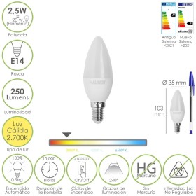 Bombilla Led Vela E14. 2,5 Watt. Equivale A 20 Watt. 250 Lúmenes. Luz Cálida 2700º K.