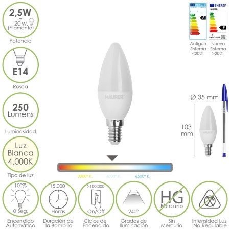 Bombilla Led Vela E14. 2,5 Watt. Equivale A 20 Watt. 250 Lúmenes. Luz Neutra 4.000º K.