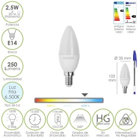 Bombilla Led Vela E14. 2,5 Watt. Equivale A 20 Watt. 250 Lúmenes. Luz Fría 6500º K.