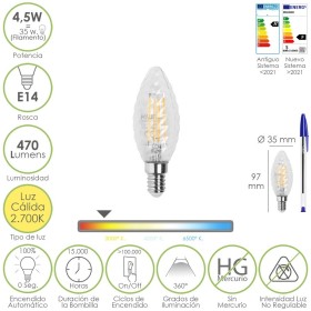 Bombilla Led Filamento Vela Twist. E14. 4,5 Watt. Equivale A 35 Watt. 470 Lúmenes. Luz Cálida 2700º K.