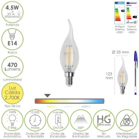 Bombilla Led Filamento Vela Llama E14. 4,5 Watt. Equivale A 35 Watt. 470 Lúmenes. Luz Cálida 2700º K.