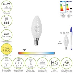 Bombilla Led Filamento Vela Esmerilada E14. 4,5 Watt. Equivale A 35 Watt. 470 Lúmenes. Luz Cálida 2700º K.