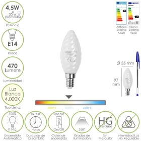 Bombilla Led Filamento Vela Esmerilada E14. 4,5 Watt. Equivale A 35 Watt. 470 Lúmenes. Luz Neutra 4000º K.