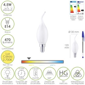 Bombilla Led Filamento Vela Llama Esmerilada E14. 4,5 Watt. Equivale A 35 Watt. 470 Lúmenes. Luz Cálida 2700º K.