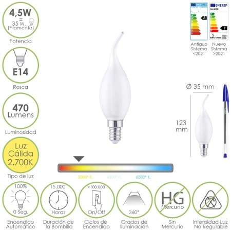 Bombilla Led Filamento Vela Llama Esmerilada E14. 4,5 Watt. Equivale A 35 Watt. 470 Lúmenes. Luz Cálida 2700º K.