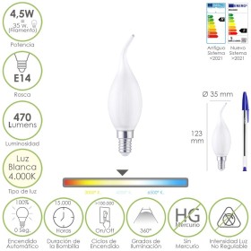 Bombilla Led Filamento Vela Llama Esmerilada E14. 4,5 Watt. Equivale A 35 Watt. 470 Lúmenes. Luz Neutra 4000º K.