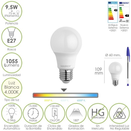 Bombilla Led Estándar Rosca E27. 9.5 Watt. Equivale A 75 Watt. 1055 Lúmenes. Luz Neutra (4000º K.)