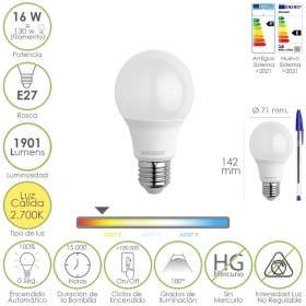 Bombilla Led Estándar Rosca E27. 16 Watt. Equivale A 130 Watt. 1901 Lúmenes. Luz Cálida 2.700º K.