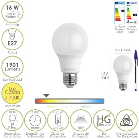 Bombilla Led Estándar Rosca E27. 16 Watt. Equivale A 130 Watt. 1901 Lúmenes. Luz Cálida 2.700º K.