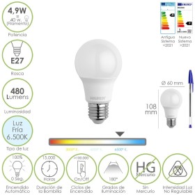 Bombilla Led Estándar Rosca E27. 4.9 Watt. Equivale A 40 Watt. 480 Lúmenes. Luz Fría (6500º K.)