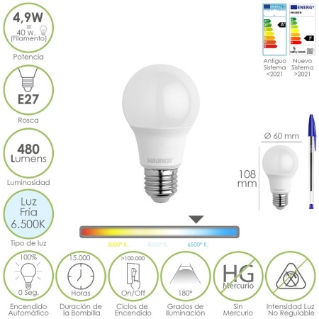 Bombilla Led Estándar Rosca E27. 4.9 Watt. Equivale A 40 Watt. 480 Lúmenes. Luz Fría (6500º K.)