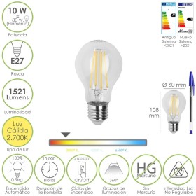 Bombilla Led Filamento Estándar Rosca E27. 10 Watt. Equivale A 80 Watt. 1521 Lúmenes. Luz Cálida 2700º K.