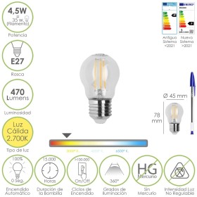 Bombilla Led Filamento Esfera Rosca E27. 4,5 Watt. Equivale A 35 Watt. 470 Lúmenes. Luz Cálida 2700º K.