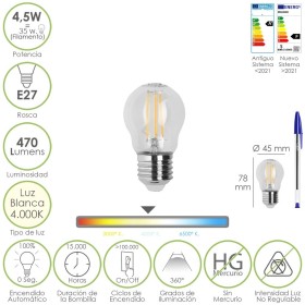 Bombilla Led Filamento Esfera Rosca E27. 4,5 Watt. Equivale A 35 Watt. 470 Lúmenes. Luz Neutra 4000º K.
