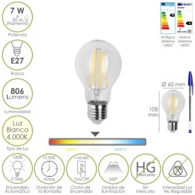 Bombilla Led Filamento Estándar Rosca E27. 7 Watt. Equivale A 50 Watt. 806 Lúmenes. Luz Neutra 4000º K.
