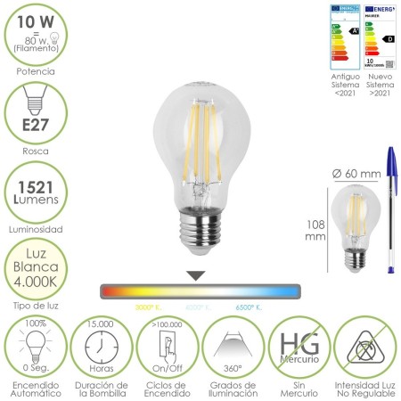 Bombilla Led Filamento Estándar Rosca E27. 10 Watt. Equivale A 80 Watt. 1521 Lúmenes. Luz Neutra 4000º K.